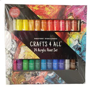 Kids Crafts 4 All Acrylic Paint Set 24 Pack Multiple Surfaces Uses 3 Brushes NEW
